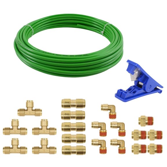 DOT Push-Lock Air Brake Kit 1/2" Union Tee, Brass Union Connector, 1/2" NPT Male Connector, 90 Elbow & 1/2" Blue Plastic Hose Cutter Tool