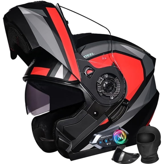 DOT Approved Full Face Flip-Up Modular Motorcycle Helmet with Bluetooth Intercom, Dual Anti-Fog Visors, Enhanced Ventilation, Removable Liner for Adults