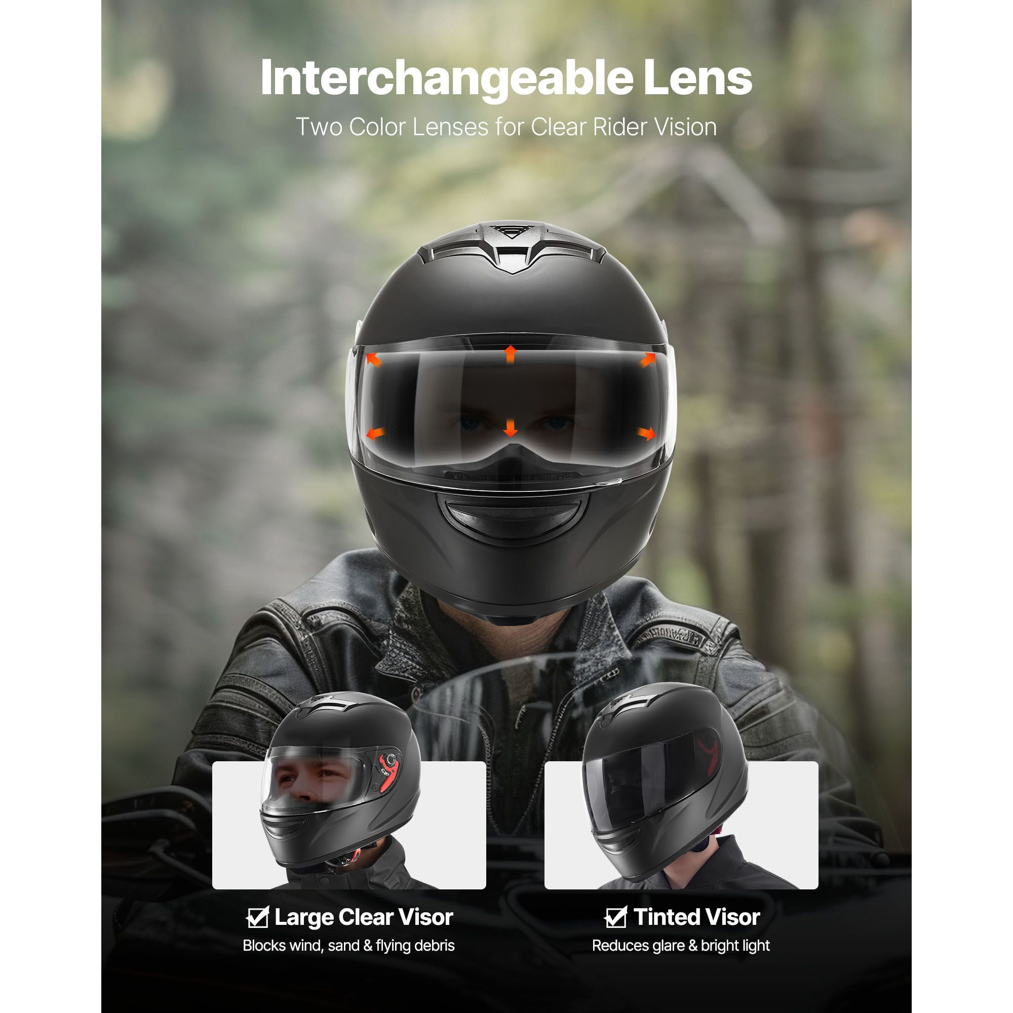 DOT Approved Full Face Motocross Helmet for Adults with Dual Tinted and Clear Visor Detachable Liner Matte Black Size M