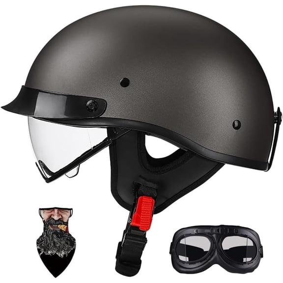 DOT-Approved Motorcycle Half Helmet with ABS Shell, EPS Liner, Quick-Release Buckle, Retractable Visor & Removable Sun Shield for Cruiser Scooter Adults