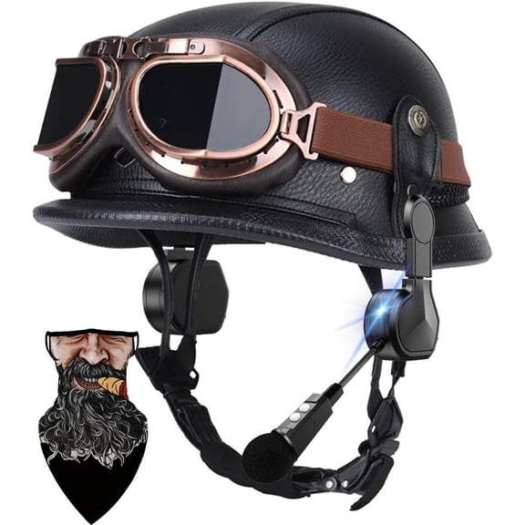 DOT Approved Motorcycle Half Helmet for Adults - High-Strength ABS Shell, Thickened EPS, Windproof Goggles, Quick-Release Buckle, Bluetooth, Washable Liner