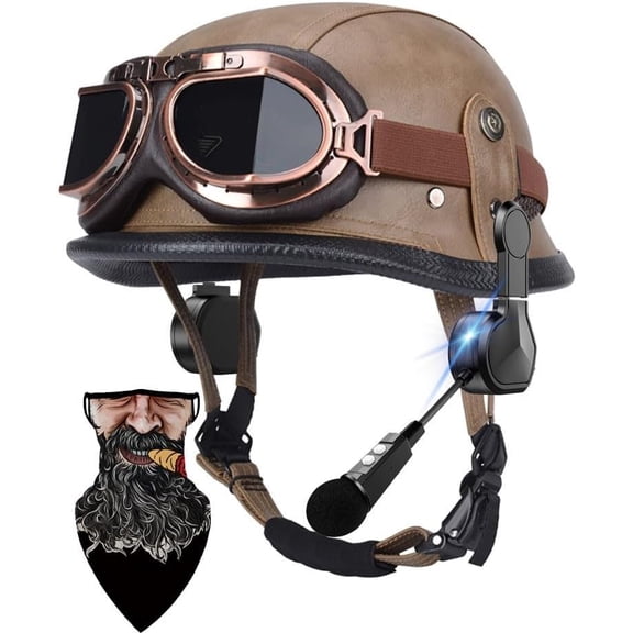 DOT Approved Motorcycle Half Helmet for Adults - High-Strength ABS Shell, Thickened EPS, Windproof Goggles, Quick-Release Buckle, Bluetooth, Washable Liner