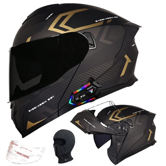 DOT Bluetooth Modular Motorcycle Helmet,Motorcycle Helmet,Dual Visor Full Face Flip up Integrated Motorcycle Helmets,Built-in Dual Speaker Microphone,Adults Men Women,Gold,XXL