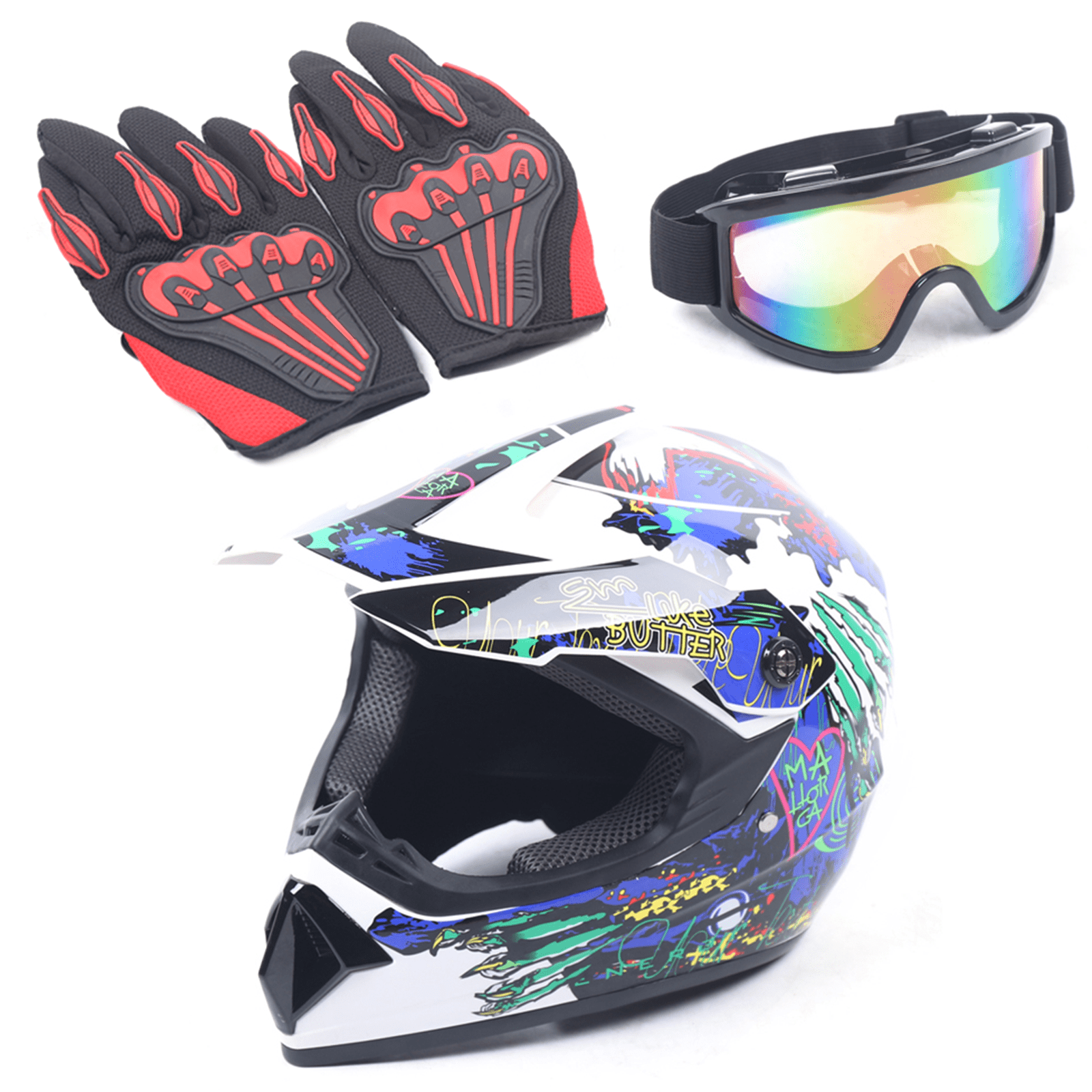 DOT Certified Motocross Helmet + Gloves + Goggles Set for Dirt Bike, ATV, MX, BMX, Unisex, Size L Helmet, XL Gloves, Impact-Resistant, Off-Road Riding