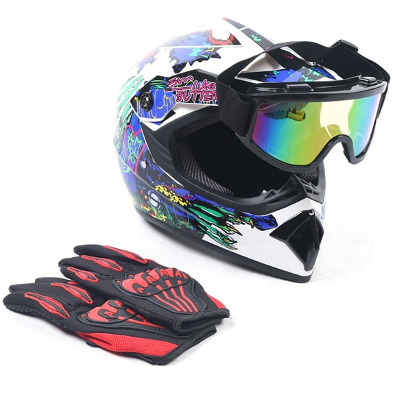 DOT Motorcycle Adult Helmet with Goggles+Gloves Motocross MX ATV Dirt Bike Off-Road Applicable Head Circumference Size 22.44-22.83in L Size