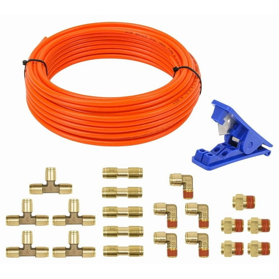DOT Push-Lock Air Brake Fitting Kit 3/8" Union Tee, Brass Union Connector, 3/8" NPT Male Connector, 90 Elbow & 1/2" Blue Plastic Hose Cutter Tool