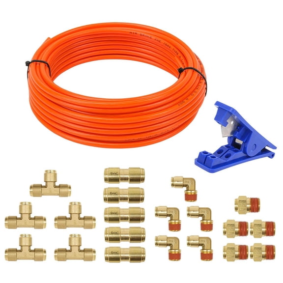 DOT Push-Lock Air Brake Kit Includes 1/2" Union Tee, Brass Union Connector, 1/2" NPT Male Connector, 90 Elbow Fitting & Blue Plastic Hose Cutting Tool