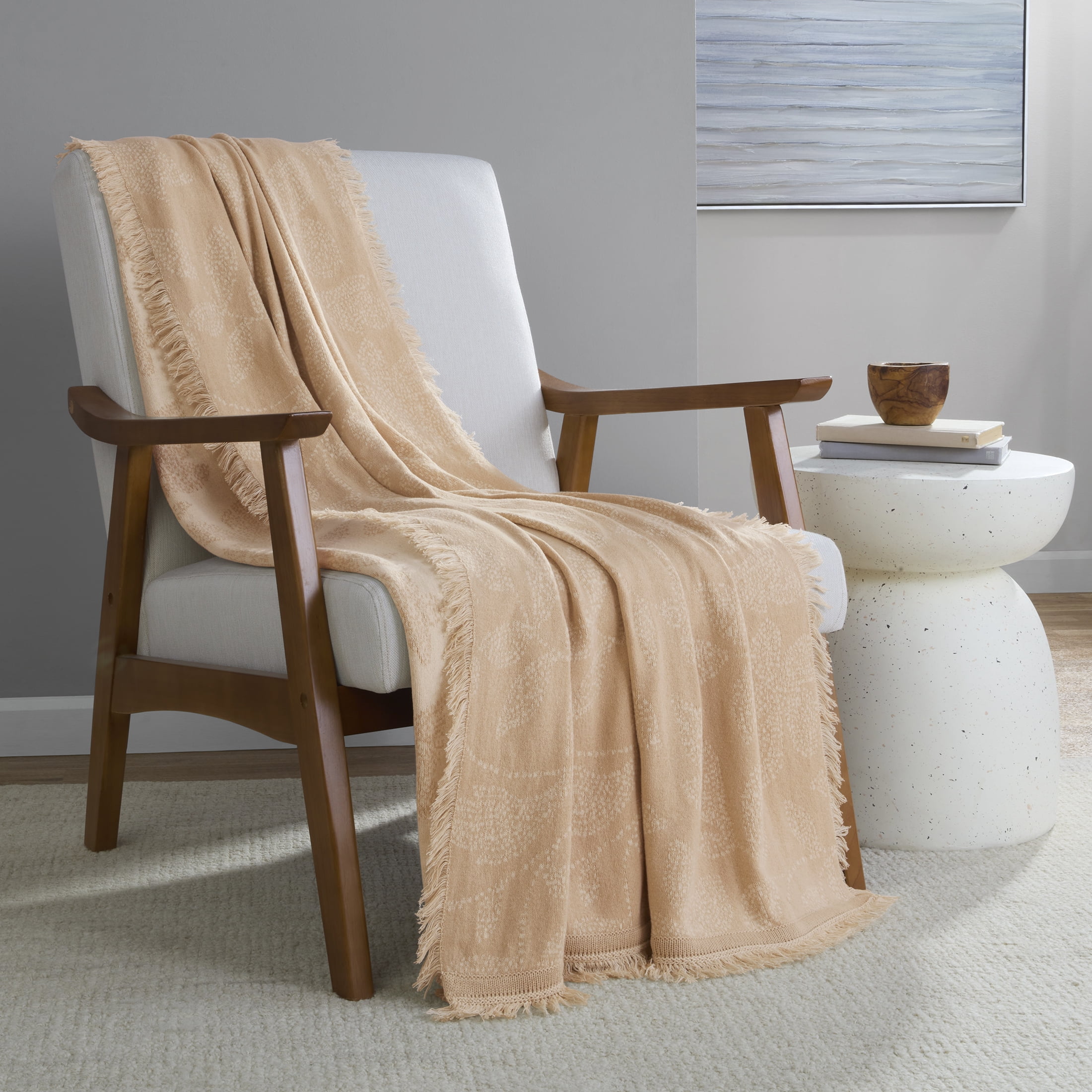 Mainstays Rustic Designs Vanilla Dream Dot Botanical Cotton Blend Jacquard Knit Tapestry Throw, 50" x 60"  (图1)