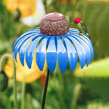 DOTSOG Coneflower Standing Bird Feeder Birdfeeders Outside Hanging Squirrel Proof Metal Detachable Flower Stakes for Yard Garden Blue