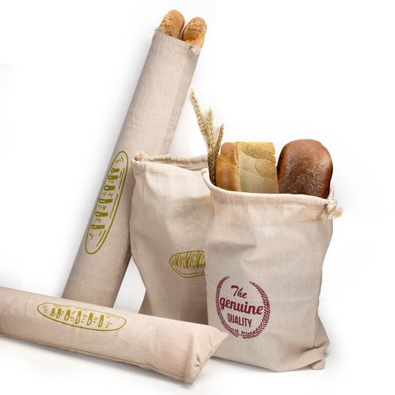DOTSOG Linen Bread Bags with Tie, Pack of 4 Natural Unbleached Bread Bags, Reusable Drawstring Bag for Loaf, Baguette and Homemade Artisan Bread Storage