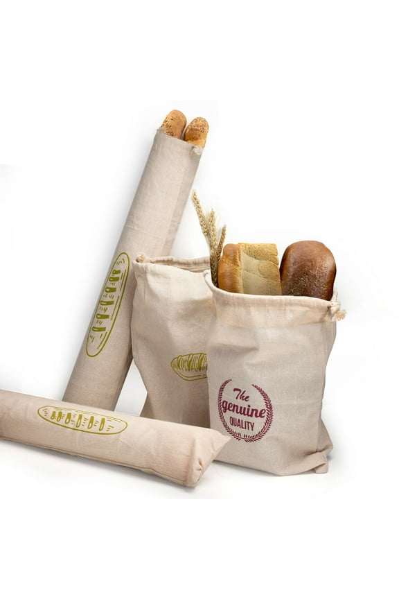 Linen Bread Bags with Tie, Pack of 4 Natural Unbleached Bread Bags, Reusable Drawstring Bag for Loaf, Baguette and Homemade Artisan Bread Storage