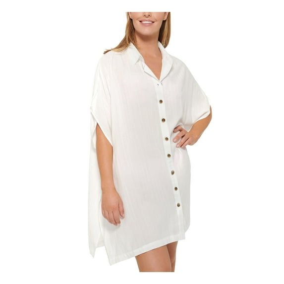 DOTTI Women's White Buttoned Shirtdress Deep V Neck Textured Royal Belize Swimsuit Cover Up M