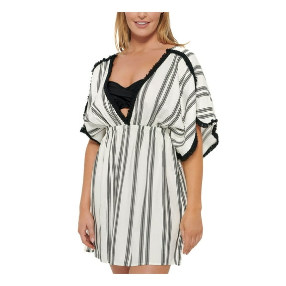 DOTTI Women's White Striped Fringed-Trim Dress Deep V Neck Tie Newport Swimsuit Cover Up S
