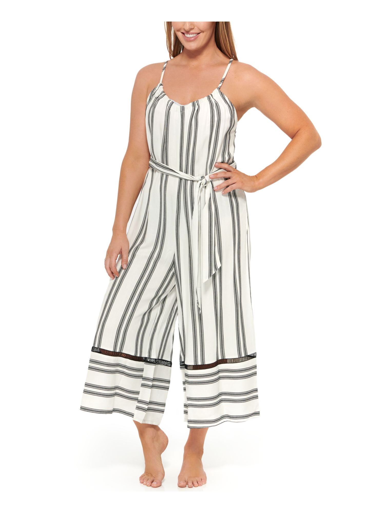 DOTTI Women's White Striped Wide Leg Jumpsuit Belted Adjustable Newport