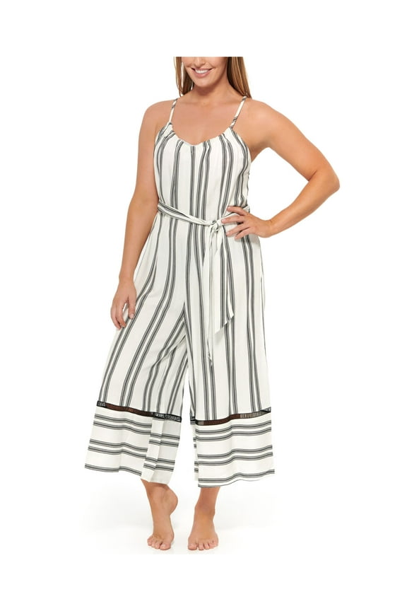 Women's White Striped Wide Leg Jumpsuit Belted Adjustable Newport Scoop Neck Swimsuit Cover Up S