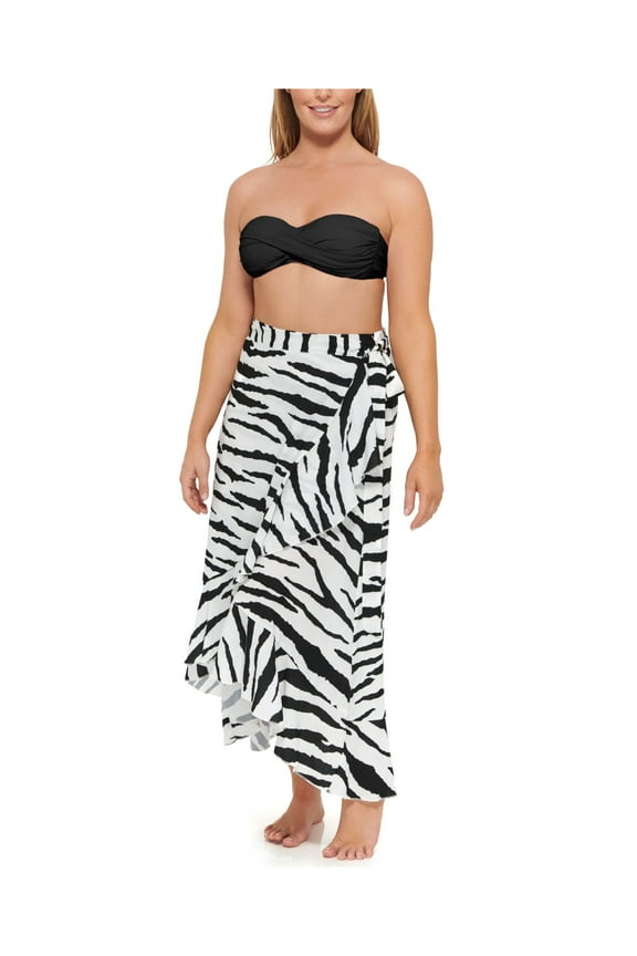 Women's White Zebra Print Tie Waist  Sarong Ruffled Spell Bound Swimsuit Cover Up ONE SIZE