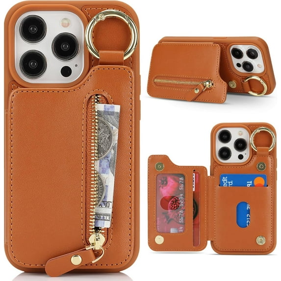 DOUALL-for iPhone 14 Pro Case Wallet with Card Holder Keychain Ring Stand Leather Shockproof Phone case with Credit Card Slots Zipper Women Men-Brown