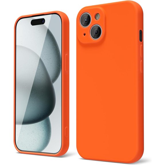 DOUALL-for iPhone 15 Phone Case Liquid Silicone, Cute Thin Slim Soft Rubber Gel for Women Men, Smooth Matte TPU Plain Solid Bright Color Girly Simple Case with Camera Cover, Fluorescent Neon Orange