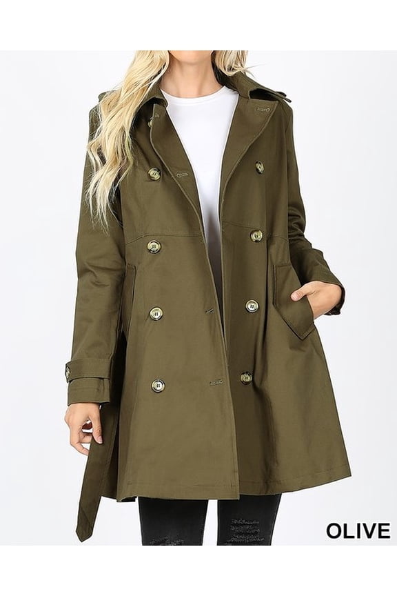 DOUBLE BREASTED THIGH LENGTH TRENCH COAT OLIVE COLOR