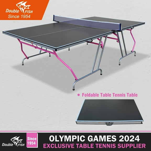 DOUBLE FISH Ping Pong Table, 9FT Portable Folding Table Tennis Table Game Set, For Teenager And Adults, Quick Assembly, Indoor & Outdoor Compatible, With Net, 2 Table Tennis Paddles And 3 Balls