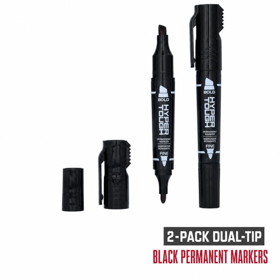 Hyper Tough 2-Pack Dual-Tip Permanent Markers, Black, Fine and Chisel Tip