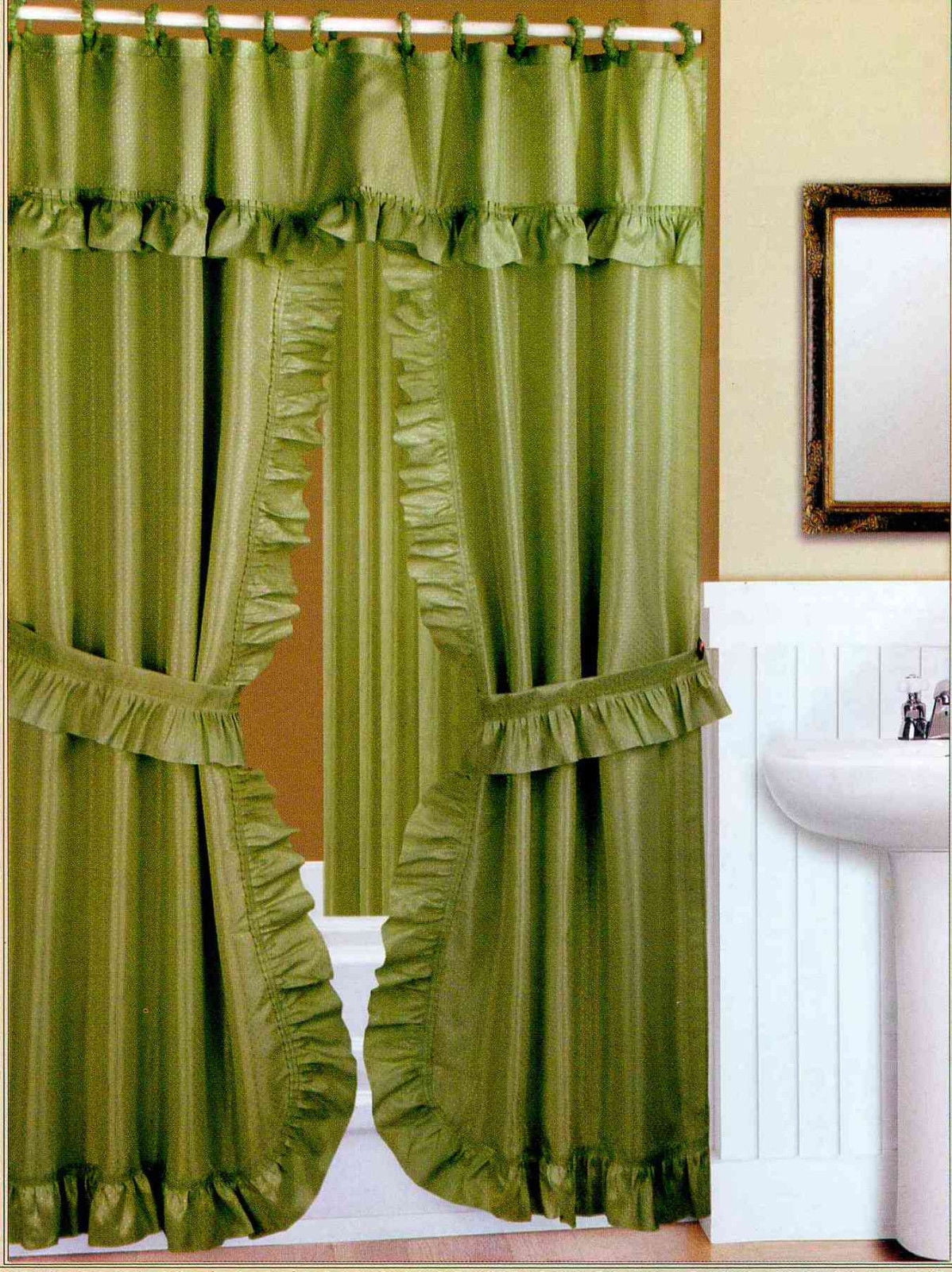 DOUBLE SWAG FABRIC SHOWER CURTAIN, VINYL LINER, SHOWER RINGS, DOBBY DOT