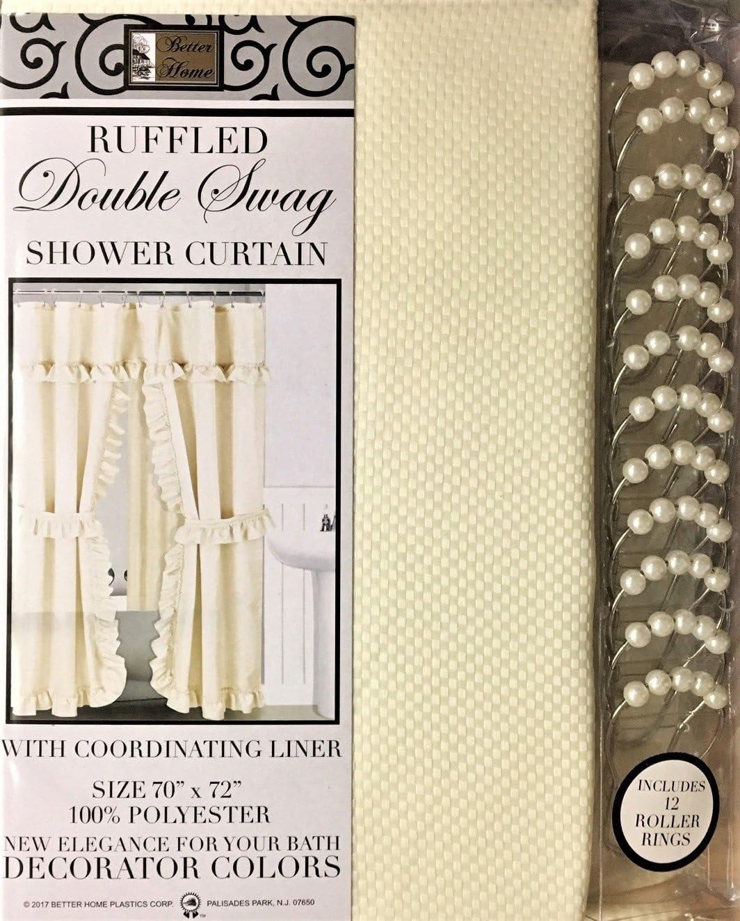 DOUBLE SWAG Fabric Shower Curtain, Vinyl Liner, Shower Rings , Dobby Dot Design, Beige