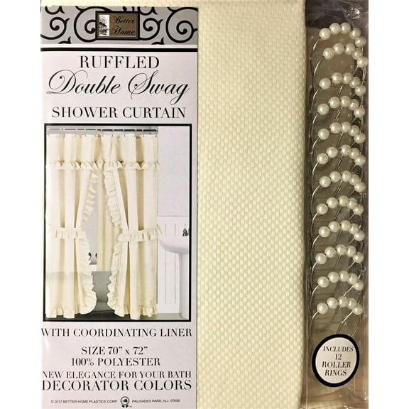 DOUBLE SWAG Fabric Shower Curtain, Vinyl Liner, Shower Rings , Dobby Dot Design, Beige