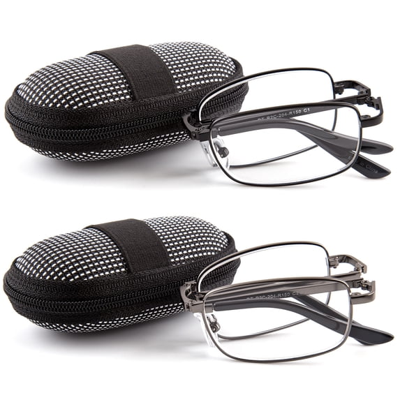 DOUBLETAKE 2 Pairs Foldable Readers in Portable Nylon Zip Cases Folding Reading Glasses - 2.00x Magnification