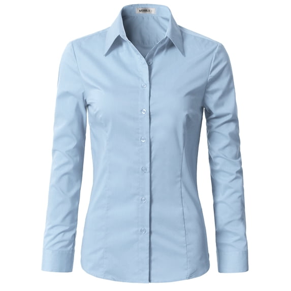 DOUBLJU Women's Long Sleeve Button Closure Tight Fitting Basic Down Dress Shirt With Plus Size