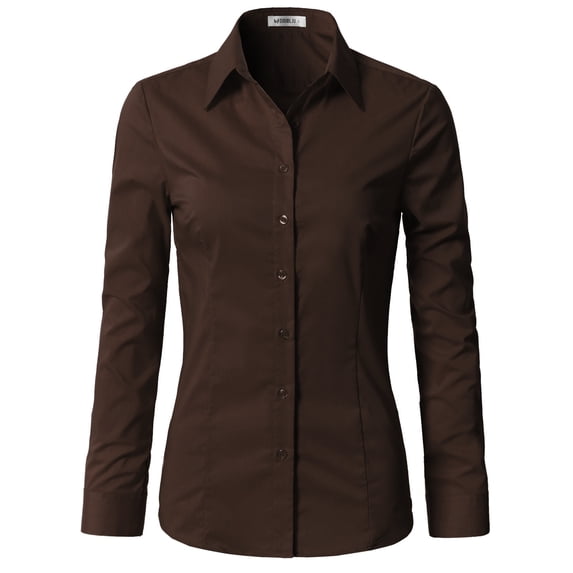 DOUBLJU Women's Long Sleeve Button Closure Tight Fitting Basic Down Dress Shirt With Plus Size