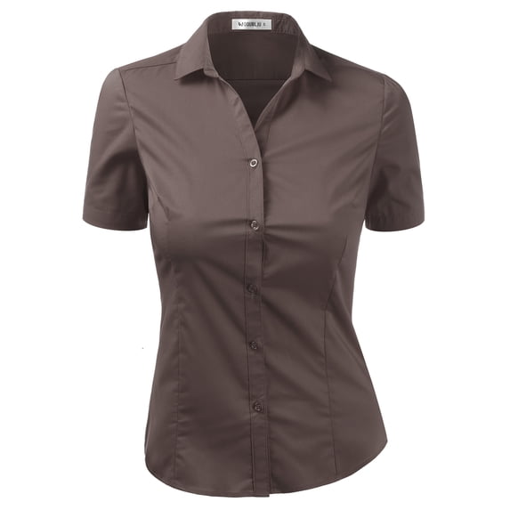 DOUBLJU Women's Slim Fit Plain Classic Short Sleeve Button Down Collar Shirt Blouse