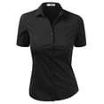 thumbnail image 1 of DOUBLJU Women's Slim Fit Plain Classic Short Sleeve Button Down Collar Shirt Blouse, 1 of 5