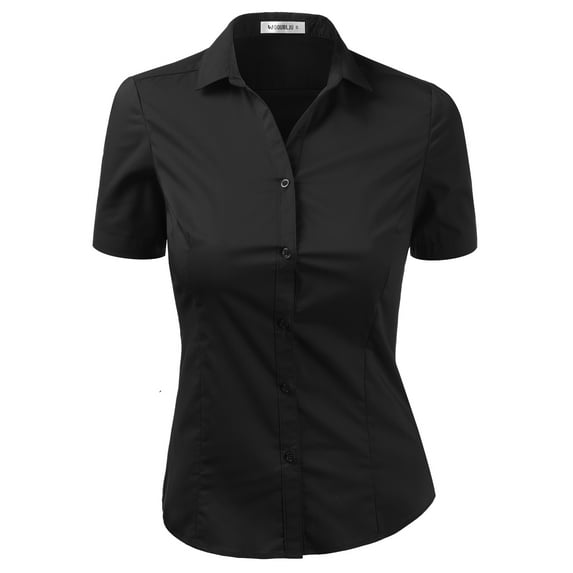DOUBLJU Women's Slim Fit Plain Classic Short Sleeve Button Down Collar Shirt Blouse