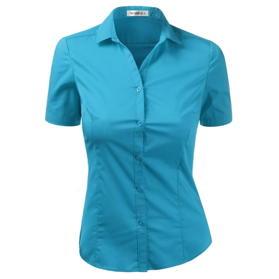 DOUBLJU Women's Slim Fit Plain Classic Short Sleeve Button Down Collar Shirt Blouse
