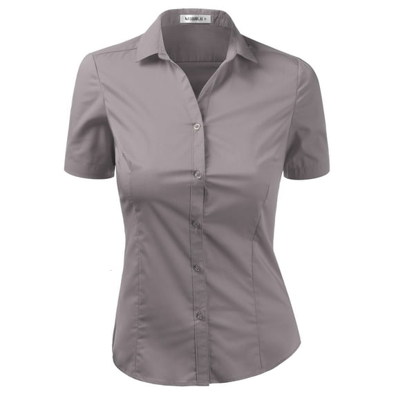 DOUBLJU Women's Slim Fit Plain Classic Short Sleeve Button Down Collar Shirt Blouse