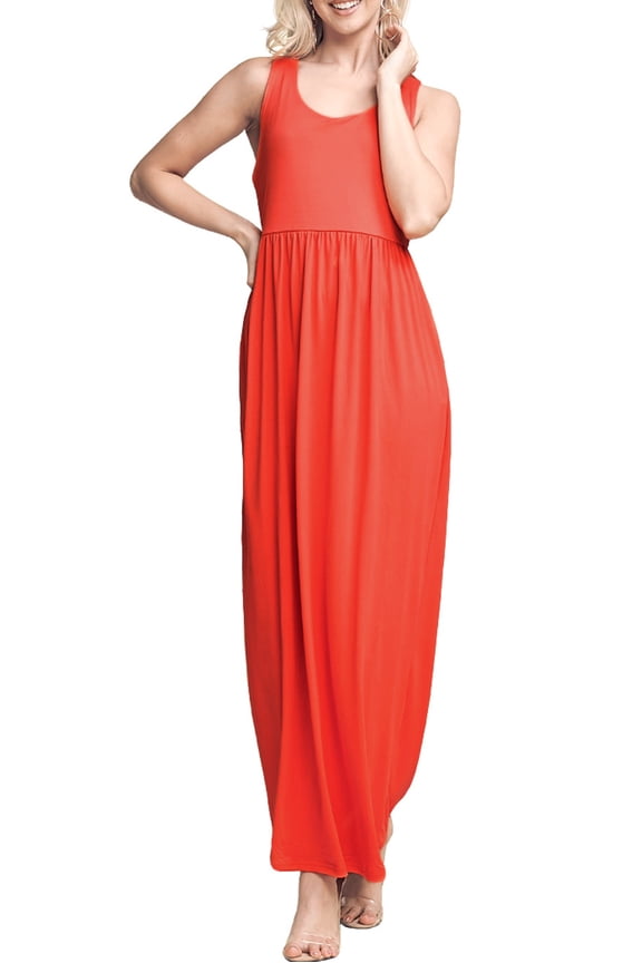 Womens Empire Seam Sleeveless Maxi Dress with Pockets
