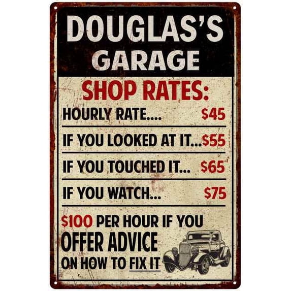 DOUGLAS'S Garage Shop Rates Sign Man Cave Décor Gift 12x18 Metal 112180010048