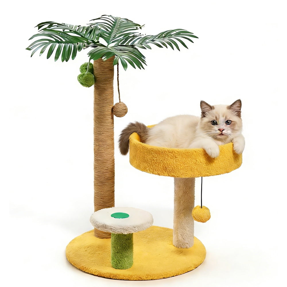 DOULAIMENG Cat Tree Tropical Style Sisal Scratching Post 12.2in Perch Plush Bed Interactive Toy
