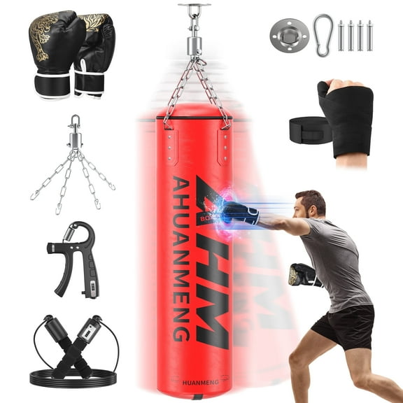 Doulami Punching Bag for Adults 4FT PU Heavy Boxing Bag Set Hanging Boxing Kit w/ Gloves, Red
