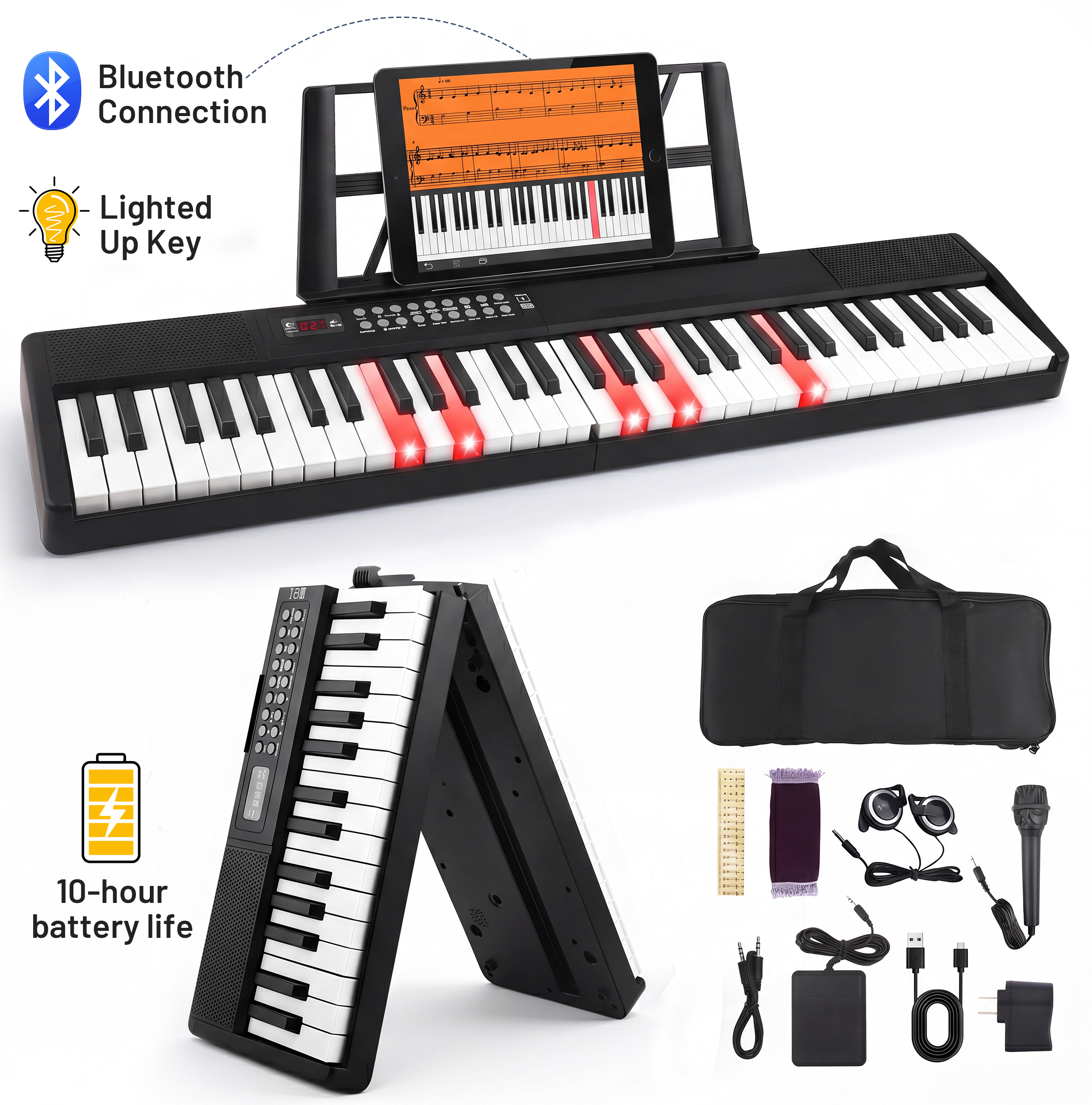 Piano de teclado eléctrico Doulami de 61 teclas con teclas iluminadas y pantalla LCD, plegable para principiantes, 200 tonos y ritmos