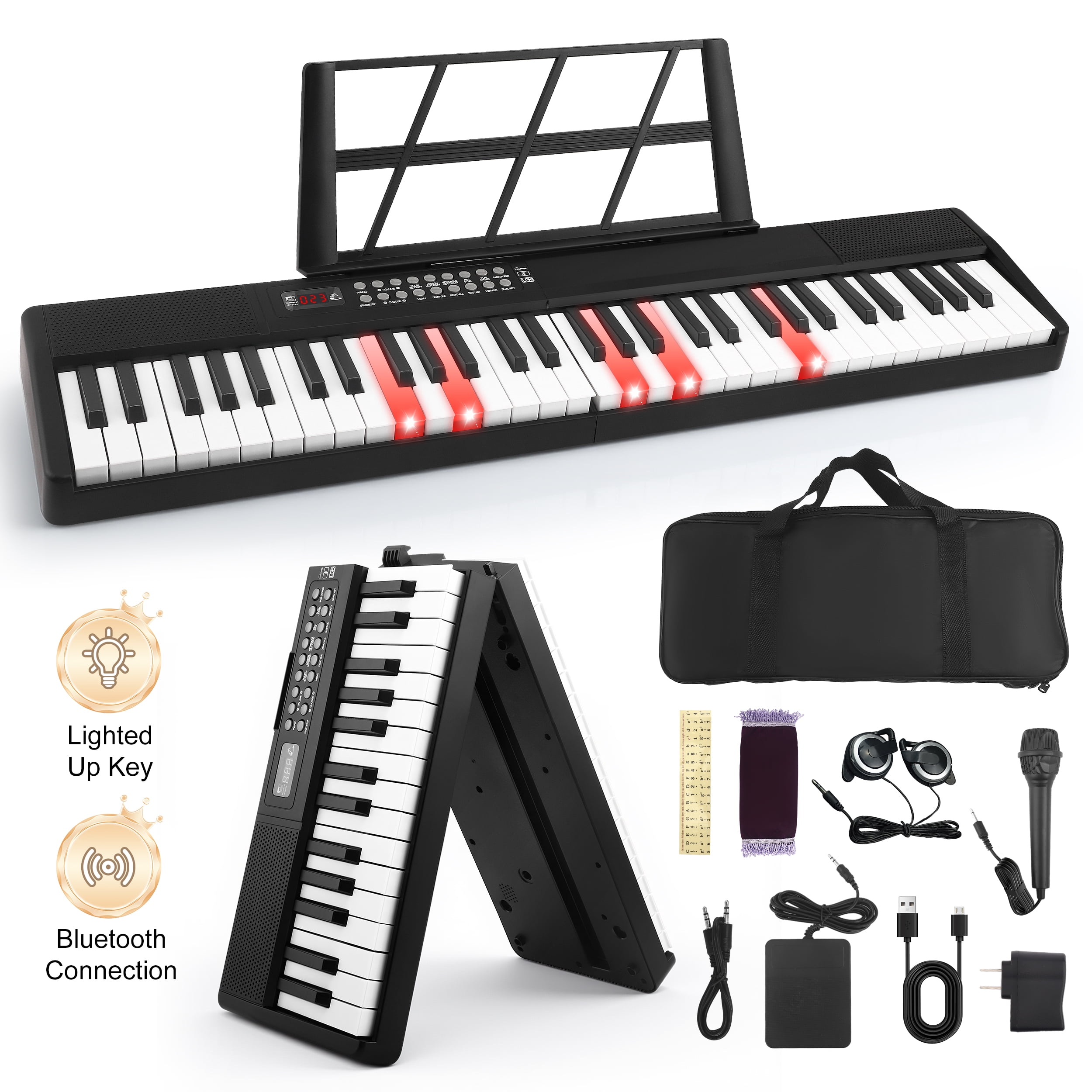 Doulami Piano 61 Key Electric Keyboard Piano with Lighted Keys LCD Display Folding Piano Keyboard for Beginner 200 Tones Rhythms
