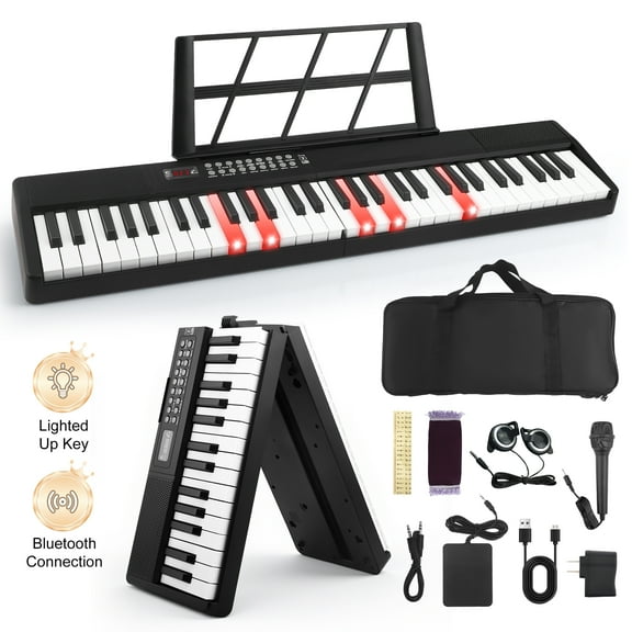 Doulami Piano 61 Key Electric Keyboard Piano with Lighted Keys LCD Display Folding Piano Keyboard for Beginner 200 Tones Rhythms