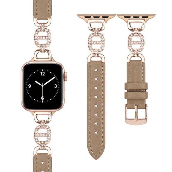 DOUUCO Leather Band Compatible with Apple Watch 41/40/38/45/44/42/49mm for Women, Dressy Faux Leather Watch Strap with Inlaid Zircon Decor, Replacement Wristband for iWatch Ultra SE Series