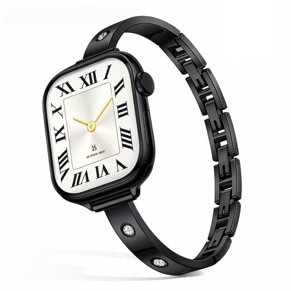 DOUUCO Slim Metal Band For Apple Watch, Women Polished Stainless Steel Wrist Strap Inlaid With Cubic Zirconia Accents, For iWatch Series SE Ultra 1‑11, Multi‑Size Options