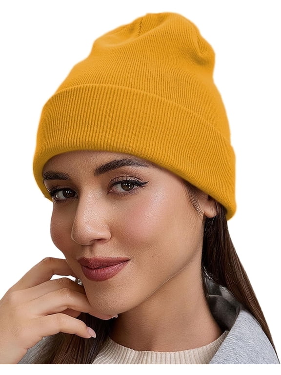 Unisex Winter Beanie Hat - Ultra Soft Cotton Stretch Knit, Cuffed Fitted Cap for Men & Women,Yellow