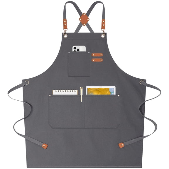 DOVACKA 12oz Cotton Canvas Cross Back Chef Apron for Men Women, Water Repellent with Oversized Pockets, Grey Green