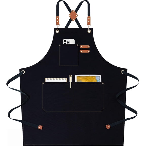 DOVACKA 12oz Cotton Canvas Cross Back Chef Apron for Men Women, Water Repellent with Oversized Pockets, Grey