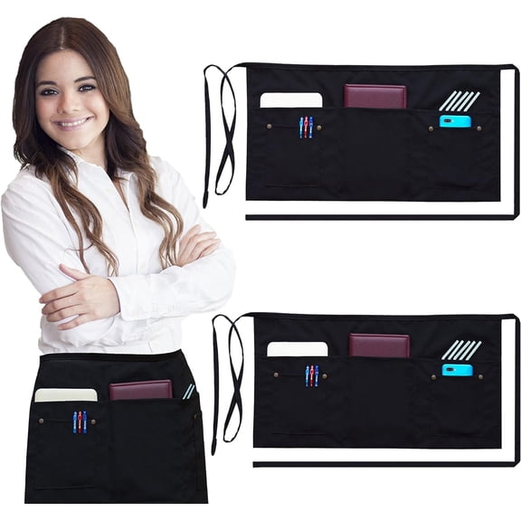 DOVACKA 2-Pack Server Apron with 5 Pockets, Commercial Grade Black Waist Apron for Men Women, 24"x12", Fits Every Waist for Restaurant Cafe Bar Home Kitchen