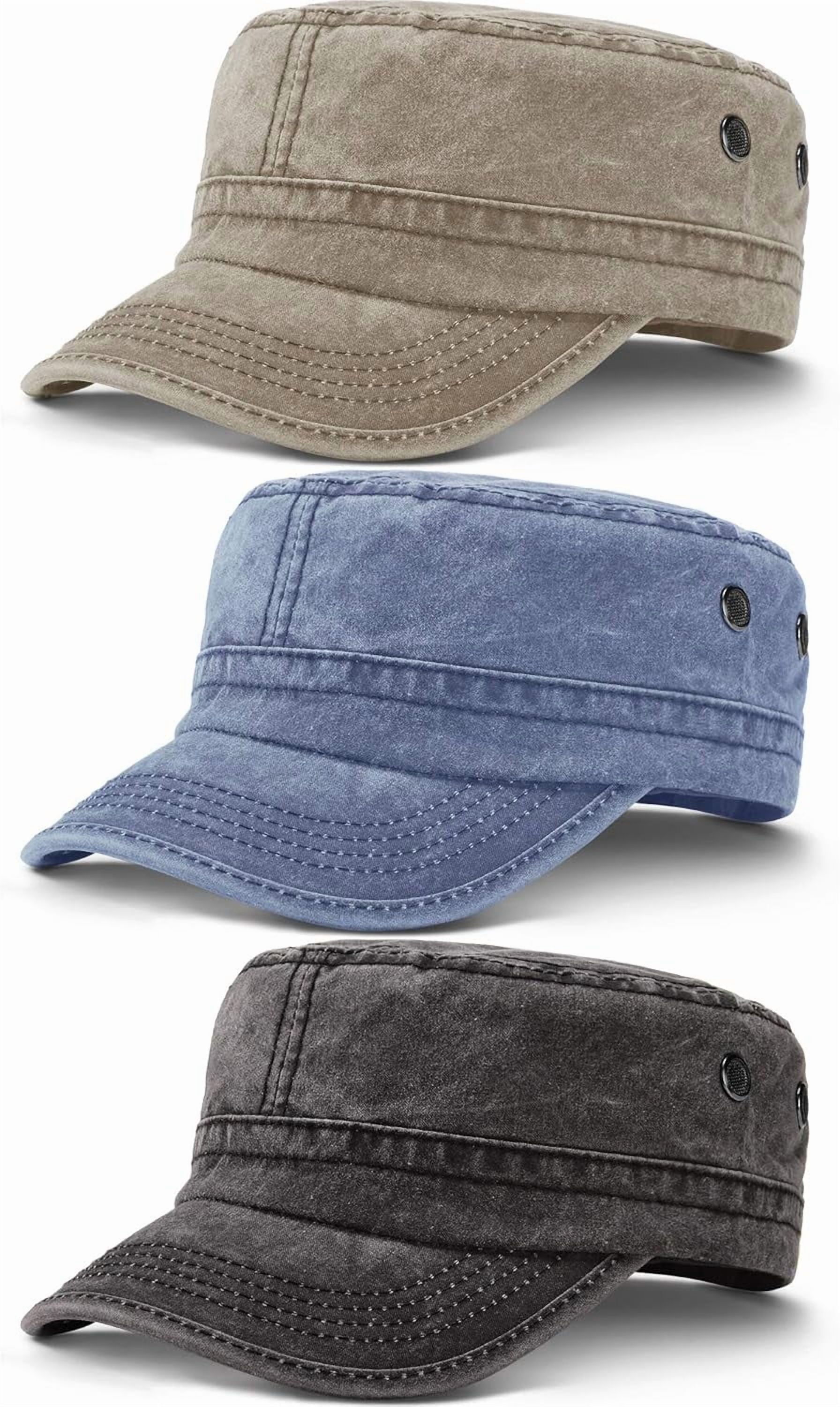 DOVACKA 3 Pieces Cadet Army Cotton Caps Washed Military for Flat Top Caps Adjustable Military Style Hat Unisex
